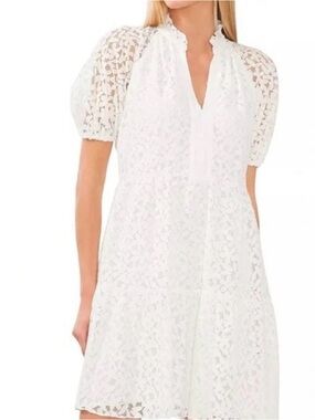 CeCe White Lace Puff-Sleeve Mini Dress with Ruffled Neck tiered crochet lace